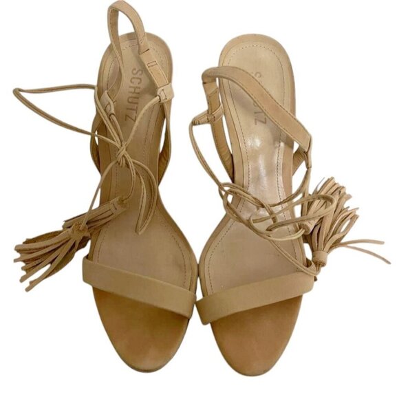 SCHUTZ Size 9.5 Beige Heel Stiletto Pom Pom Tassels Camel - Picture 7 of 12